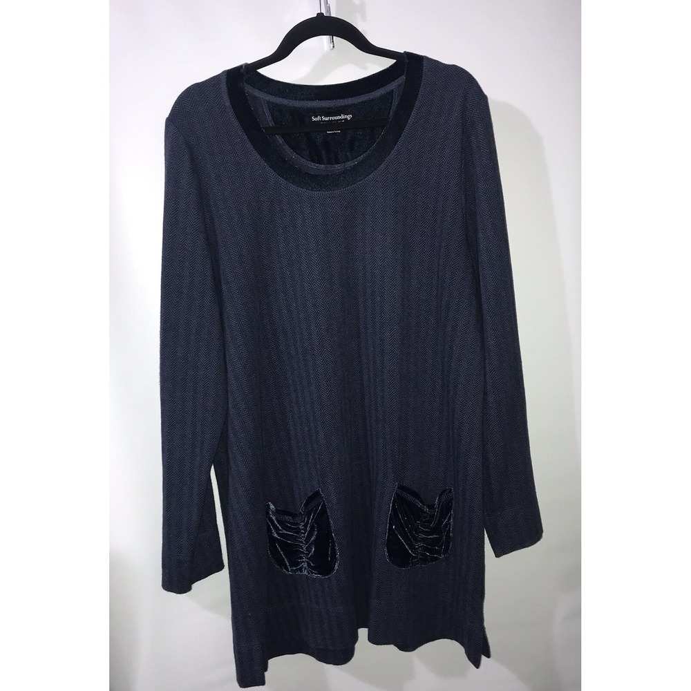 Soft surroundings Tunic Sweater Top Large Blue Herringbone Velvet Trim Pockets